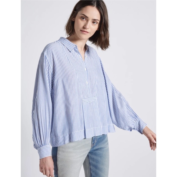 CURRENT/ELLIOTT • The Emmy Striped Half-Placket Long Sleeve Blouse, 2 - Picture 2 of 16